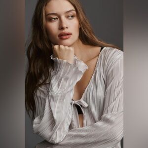 By Anthropologie Like New Silver Long Sleeve Tie Front Top